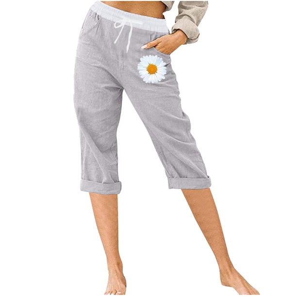 Pantalones Elásticos de Cintura para Mujeres Capris de Salida Casual Sólido con Bolsillos, Capris de Mujer para el Verano