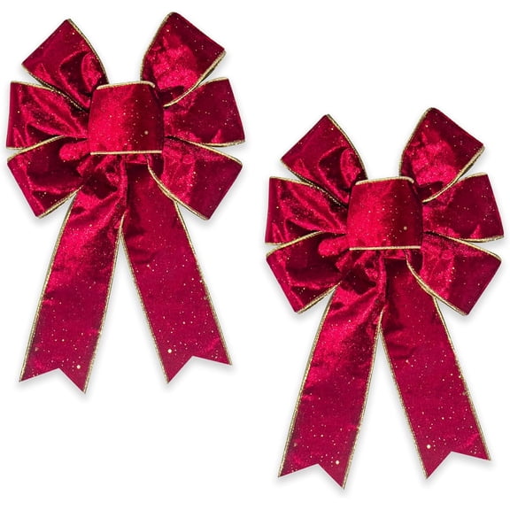 Hsomely 2Pcs Christmas Wreath Bow, Vintage Red Velvet Decorative Bow, Red Glitter Ornament for Front Door, Winter Xmas Indoor Outdoor Home Party Decor