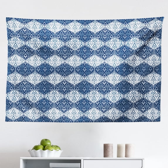 Navy Blue Tapestry, Horizontal Oriental Inspired Pattern in Patchwork Style Print, Fabric Wall Hanging Decor for Bedroom Living Room Dorm, 2 Sizes, Pale Blue Dark Blue, by Ambesonne