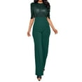 thumbnail image 2 of ZAZYULZ Charming Women's Round Neck Medium Sleeved Waistband Loose Fitting Wide Leg Sequin Jumpsuit(Green,Xl), 2 of 6