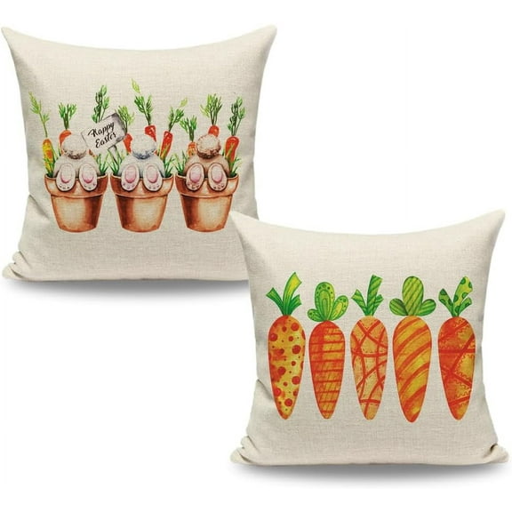 Farmhouse Easter Home Decor Pillow Covers 18x18 Set of 2, Spring Easter Bunny Carrot Decorative Throw Pillows 18 x 18, Vintage Easter Outdoor Porch Decor Pillows (without Pillow Inserts)