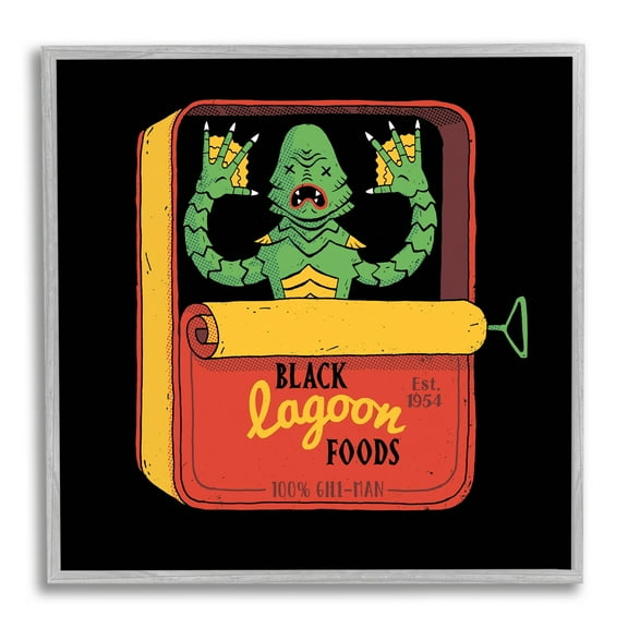 Stupell Industries Black Lagoon Creature Novelty Tuna Can Design Framed Wall Art, 12 x 12, Design by Michael Buxton