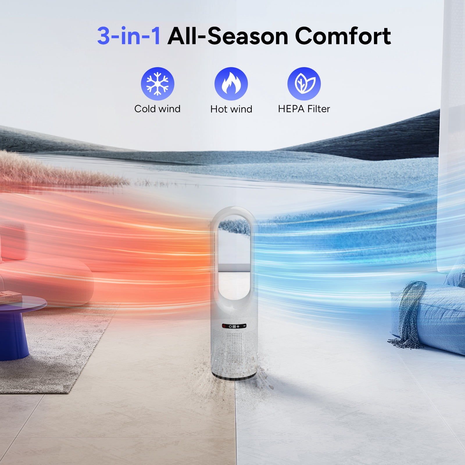 3 IN 1 Tower Fan, 31.5Inch Cooling & Heating Bladeless Fan with HEPA Filter 99.97%, Floor Fan Combo 80° Oscillating with Remote, 8H Timer for Indoor, Bedroom, Home Office Room（White)
