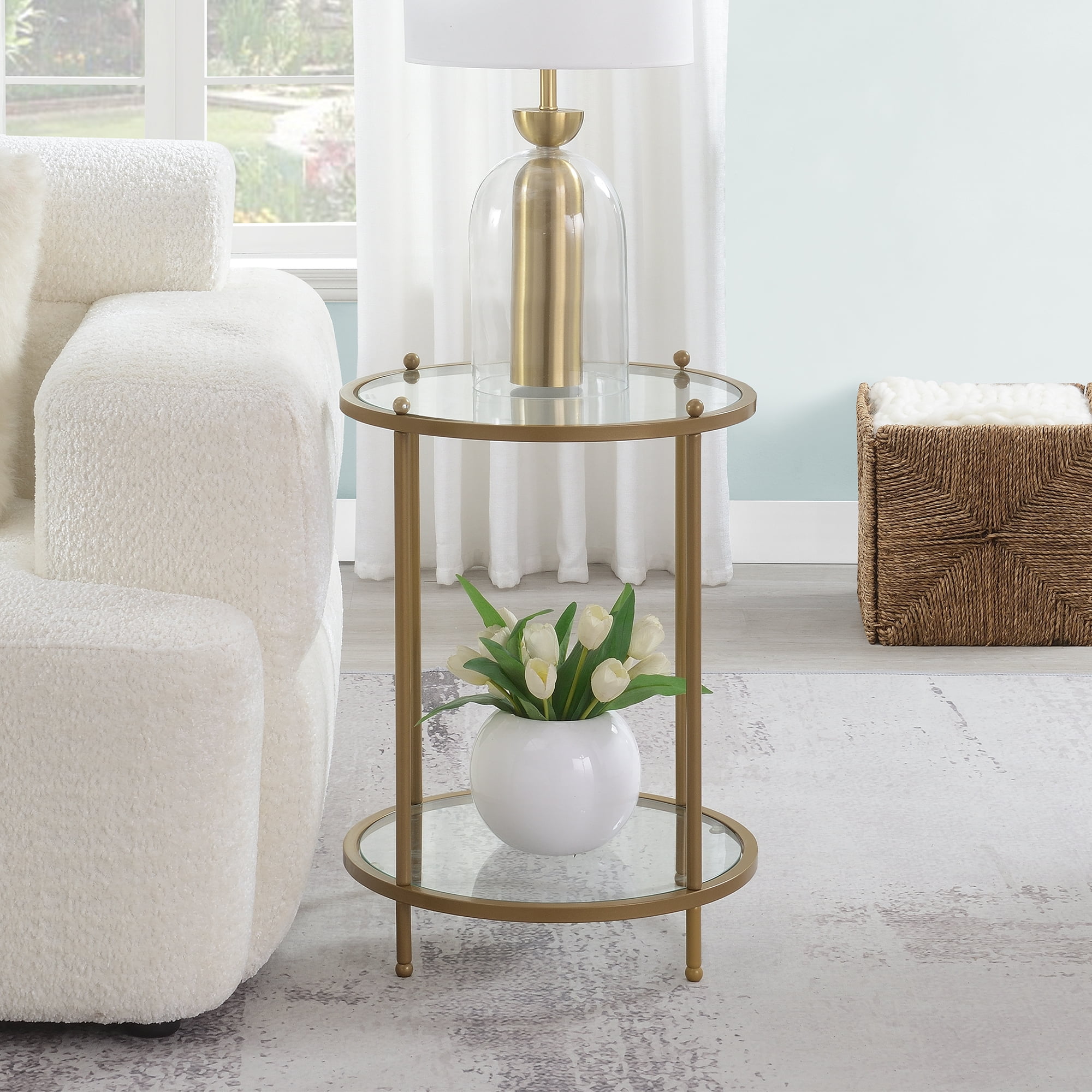 Convenience Concepts Royal Crest 2 Tier Round Glass End Table with Shelf, Bronze Gold