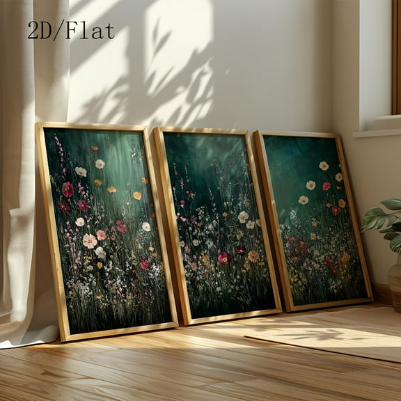 2D/FLAT Set of 3 Vintage Green Wildflower Prints, Oil Painting Prints, Botanical Landscape, Floral Decor, Modern Farmhouse Print, Gorgeous Colorful Flowers Wall Arts for Bedroom, Hotel Decoration, N
