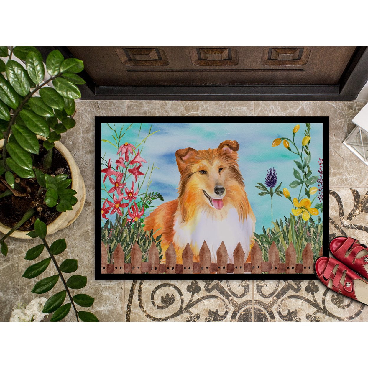 Carolines Treasures CK1282MAT Sheltie Spring Door Mat Indoor Rug or Outdoor Welcome Mat 18x27 Doormat  27"L x 18"W