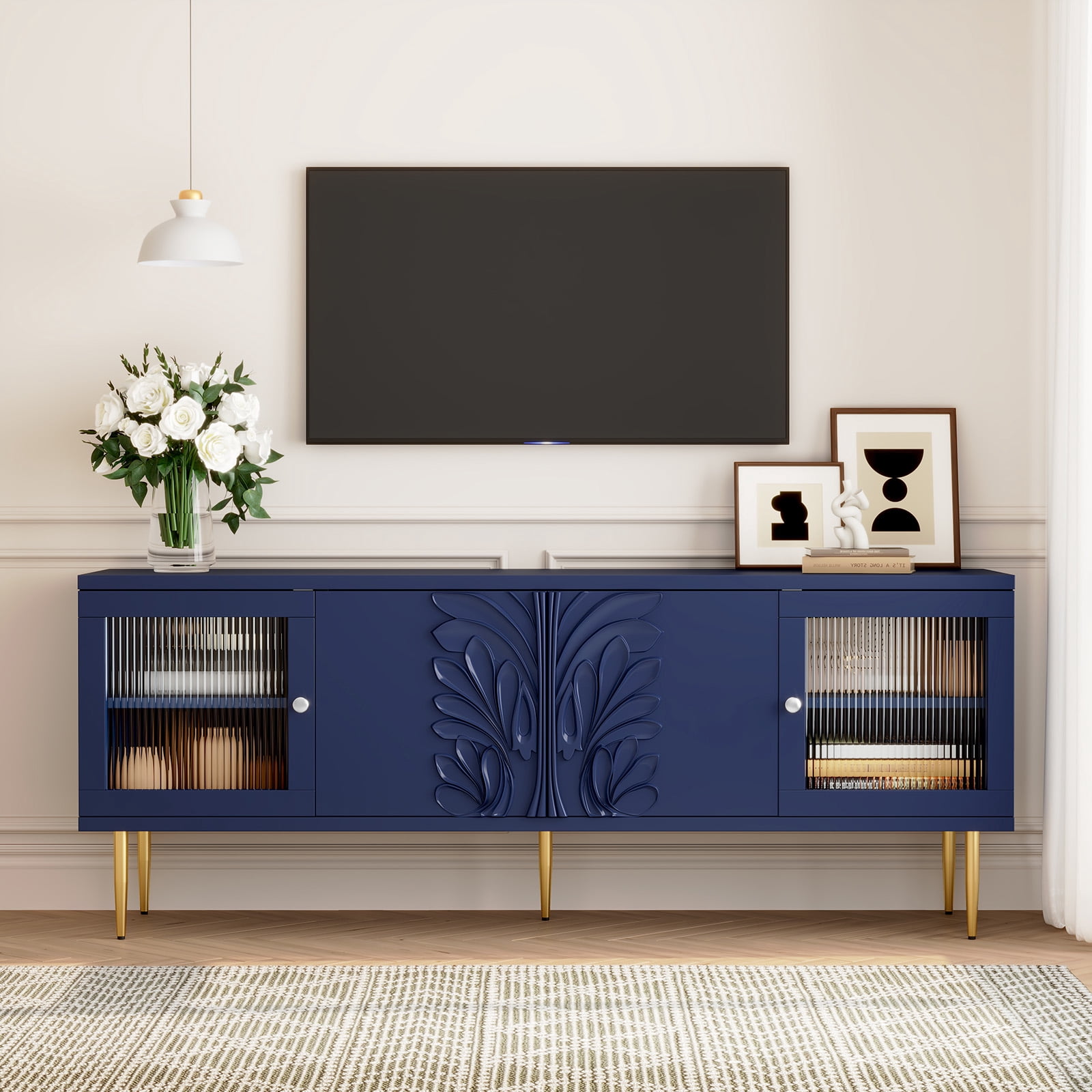 HLR 63" Modern Wood TV Stand with 3D Flower Pattern for TV Up To 75", Entertainment Center with Storage, Navy Blue