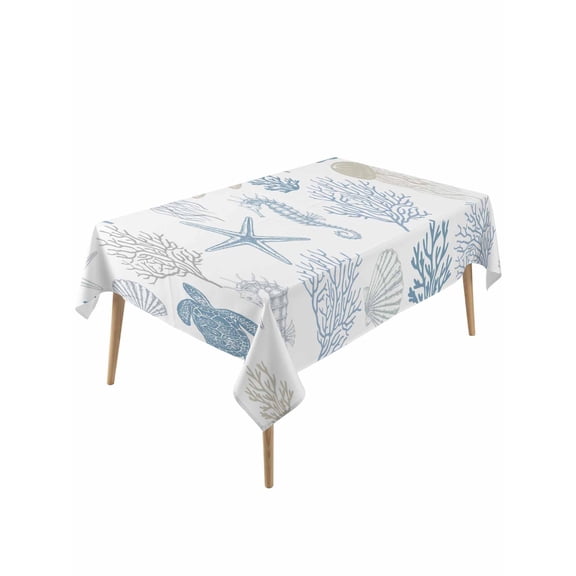 Blue Coastal Table Cloth, Nautical Summer Beach Coral Sea Turtle Waterproof Tablecloth for Rectangle Tables, Reusable Washable Fabric Table Cover for Restaurant Kitchen Dining Tables 54"x108"