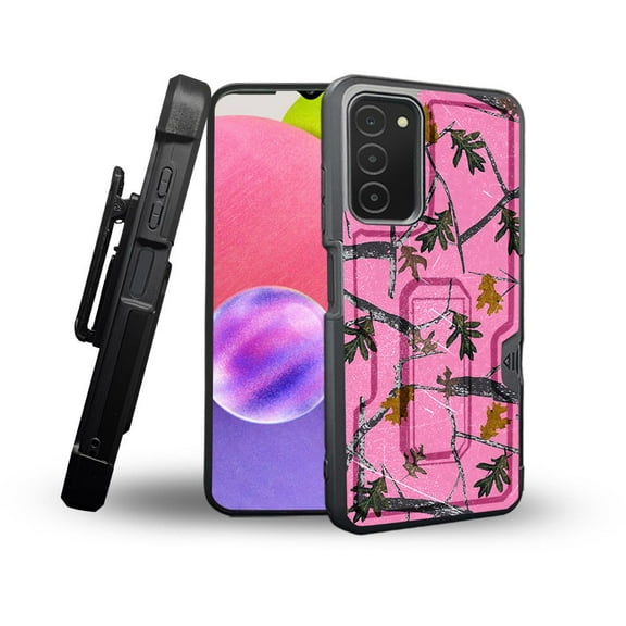 ANJ  Rugged Shockproof Holster Case Card Slot Kickstand   Tempered Glass Cover for Samsung Galaxy A03s - Pink Tree