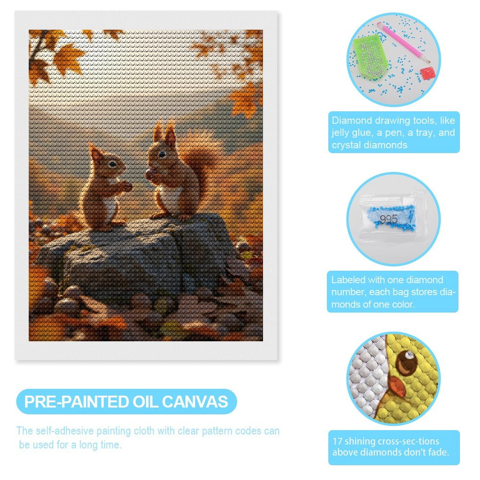 Diamond Art Kits for Adults, Squirrels Autumn Leaves Rock Acorns 5D Diamond Painting Kits for Adults Beginners, DIY Full Drill Diamond Painting, Gem Art and Crafts 12x16