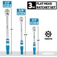 thumbnail image 2 of NEIKO 03006A Flat Head Ratchet Set, 3 Piece Low Profile Ratchet, 1/4 Drive, 3/8 Ratchet Wrench, and 1/2 Inch Ratchet, 90 Teeth, Anodized Textured Grip Handle, Long Handle Ratchet, Sealed Head, Cr-Mo, 2 of 6