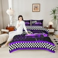 thumbnail image 6 of Manfei Boys Cartoon Automobile Queen Comforter Set, Purple Sports Car Bedding Sets, Buffalo Checkered Flag Reversible Bedding Comforter Set, Breathable Home Decor, 3pcs, 6 of 9
