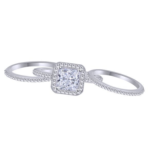 AFFY White Cubic Zirconia Engagement & Wedding Trio Solitaire Ring Set In 14k White Gold (2.12 Cttw)