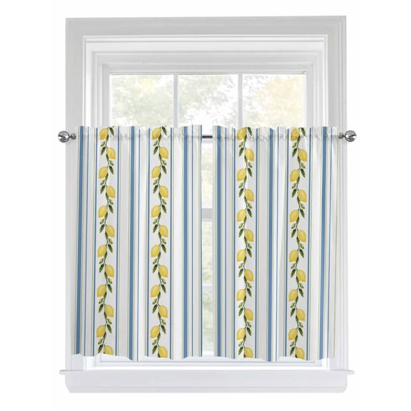 Kitchen Curtains 54 Inches length, Lemon Striped Window Treatment Curtain Drapes, Yellow Fruit Blue White Geometric Decorative Window Curtains for Bedroom Cafe, 52"x54", 2 Panels