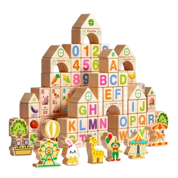 TISHITA 100Pcs Wood Stacking Blocks DIY Learn Letter Number Shape Gifts for Children Barrel Packaging