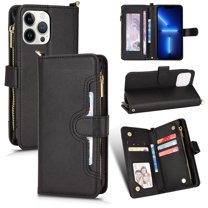 Magnetic Wallet Case Designed for iPhone 14 Pro Max Flip Case, PU Leather Zipper Folio Protective Case with Magnetic Closure and Card Holder with Crossbody Strap for iPhone 14 Pro Max, Black