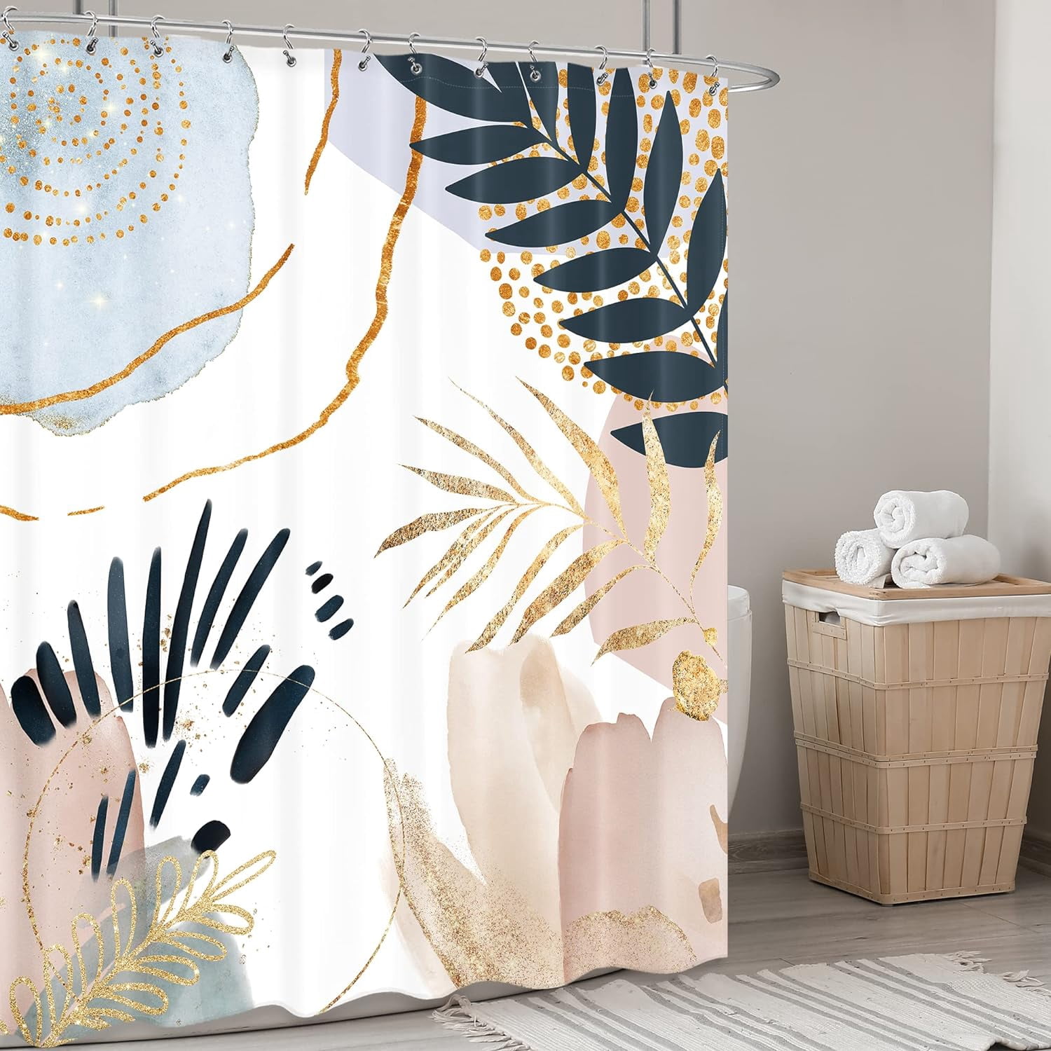 Abstract Mid Century Shower Curtain 72Wx84H Inches Extra Long Boho Pastel Geometric Golden Leaves Minimalist Modern Aesthetic Bathroom Home Decor Fabric Waterproof Polyester with Hooks