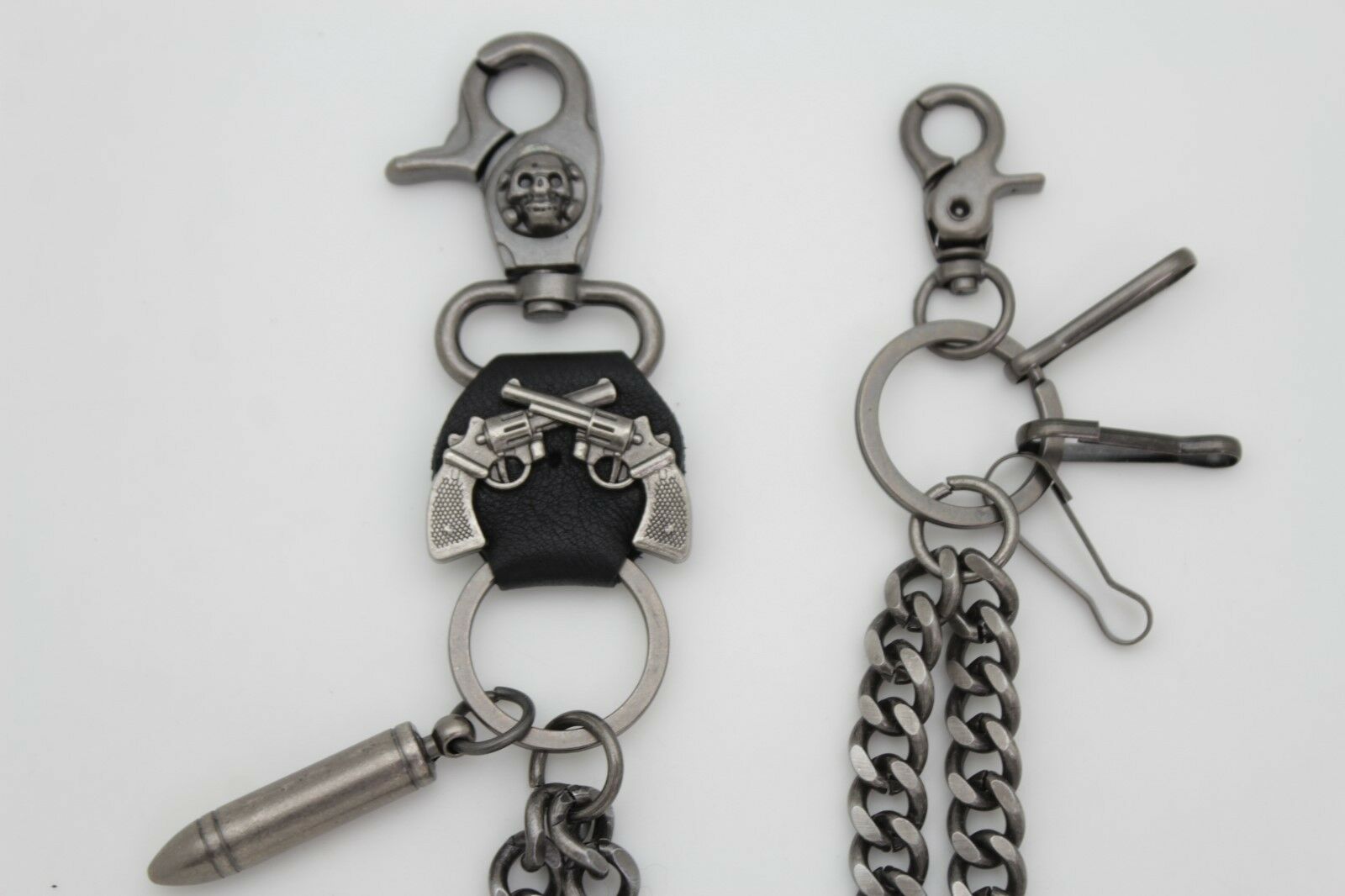 Mens Silver Metal 2 Strands Wallet Chain Key Jean Chain Skeleton Skull Clasp Gunmetal Gray