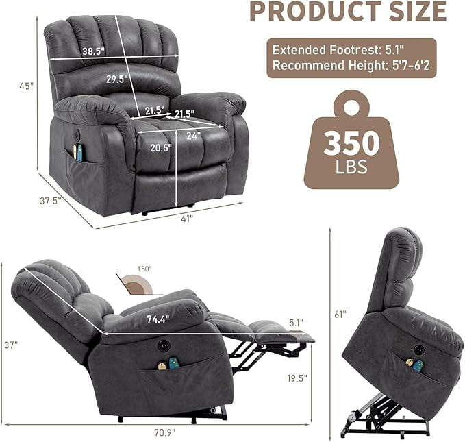 EPICOZY Large Power Lift Recliner Chair with Extended Footrest for Elderly Big Tall Man, Overstuffed Heated Massage Wide Electric Recliners with 2 Remote Controls, Side Packets & USB Ports, Grey
