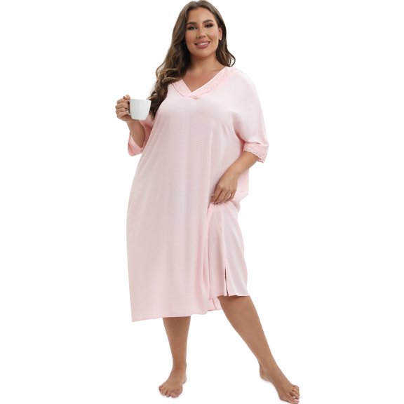 Plus Size House Dress Womens Lace Trim 3/4 Sleeve V Neck Nightgown Sleepwear Oversized Loose Loungewear Wavy Print Casual Nightshirt Side Slit Nightdress Pajama Dress, XL-5XL