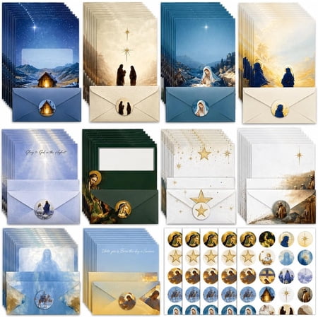 250 count Stationery Paper and Envelopes Set with 100 Letterhead Papers and 50 Envelope 10 Design for Letter Writing Invitations Holidays Party Notes 8.5x11 Inch-Nativity