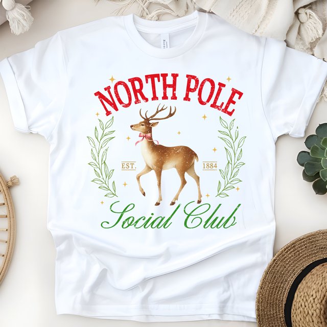 North Pole Social Club T-Shirt | Reindeer Holiday Graphic Tee, White, Size L