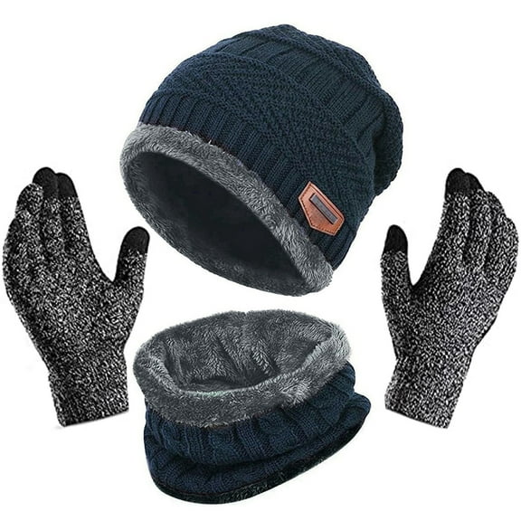 Fall Long Sleeve Thermal Beret Hats for Unisex Blue Men Women Winter Hat Warmer Scarf Touchscreen Gloves Set Neck Thick Knit