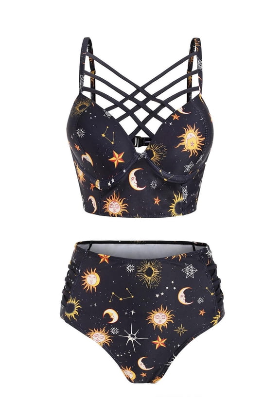 Women Sun Star Moon Bathing Suit Underwire Criss Cross High Waisted Bottom Swimsuit Racerback Vintage Two-Piece Bikini Swimwear