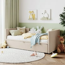 Bellemave Upholstered Daybed with Pop up Trundle, Wooden Twin Size Sofa Beds with Extendable Trundle Beds, Twin to King Daybed Frame for Bedroom or Living Room （Beige)