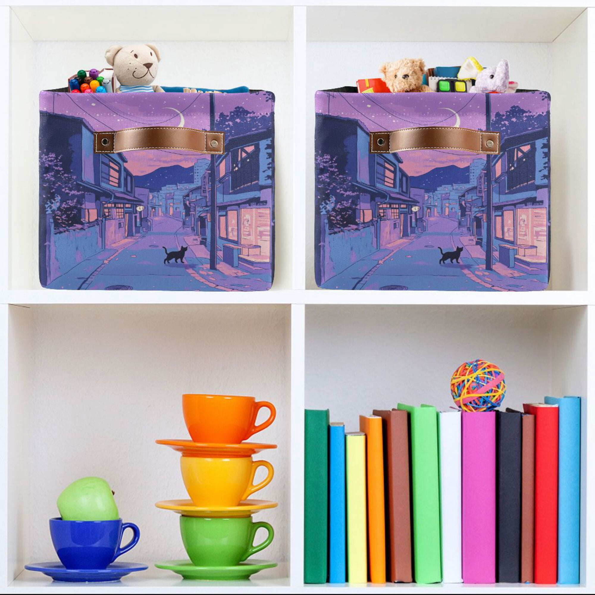 Yayeee Canvas Storage Basket with Handles for Shelves Fabric Bins Closet Organizer, Cat Walking in Street