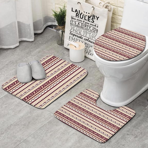 Brown Ethnic Stripe Pattern Bathroom Rugs Sets 3 Piece,Toilet Cover Set,Absorbent Non Slip Bathroom Mats Sets with U-Shaped Contour Rug Toilet Rug Set
