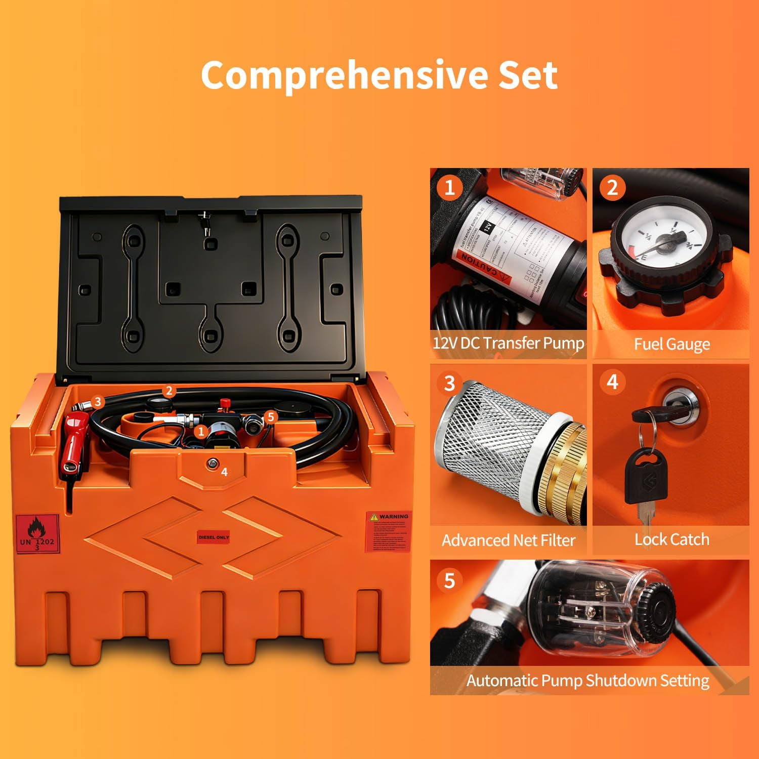 Portable 50 Gallon Diesel Fuel Transfer Tank with 12V Electric Pump, 11.9 GPM Flow Rate, 15ft Hose, Automatic Nozzle, Orange