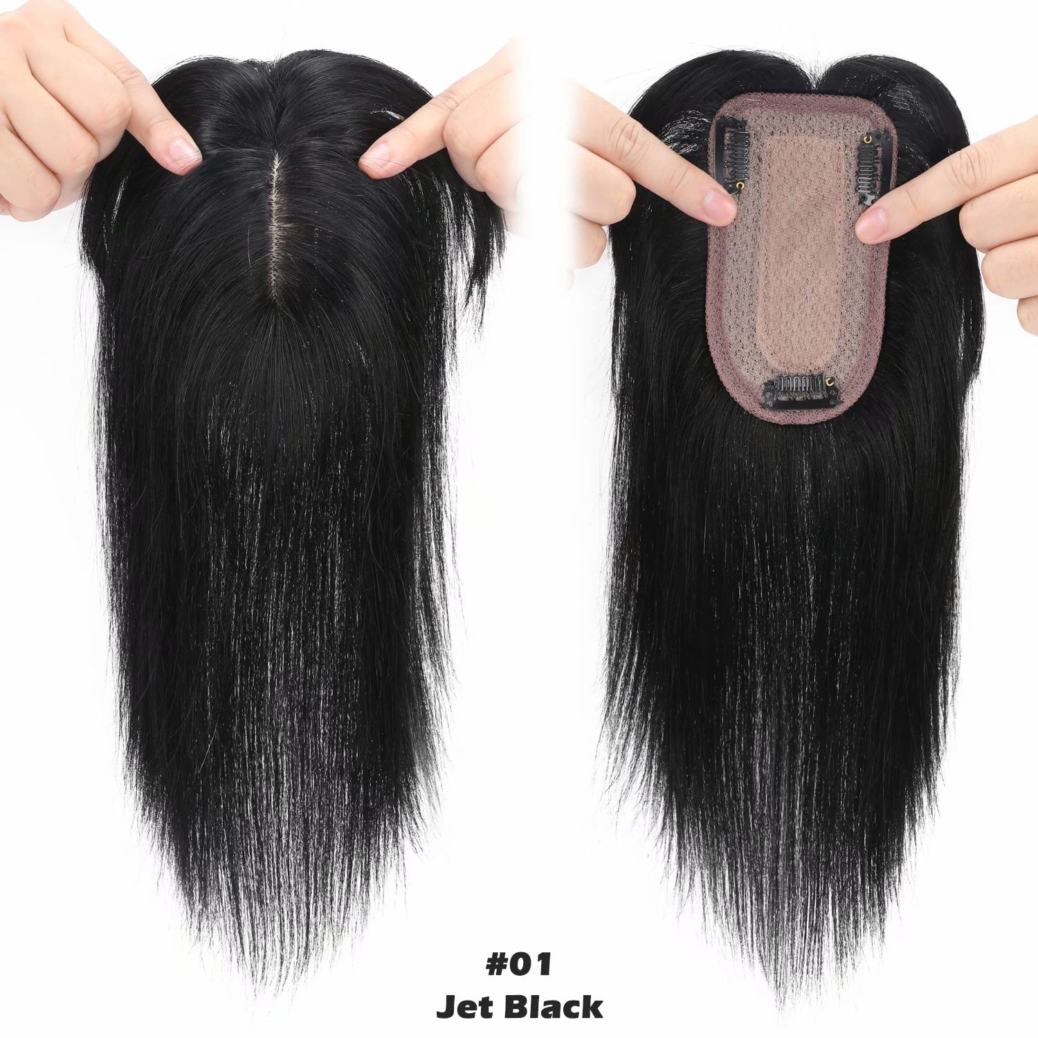 Benehair 100% Real Remy Human Hair Extensions Clip In Hairpiece Topper Toupee with Bang Fringe Women Hair Loss Silk Base Black