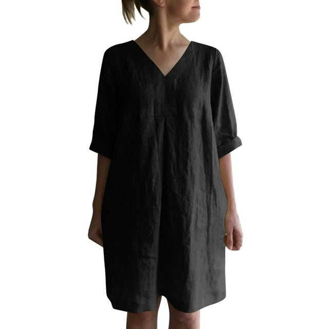 Vestido camisero de manga corta con cuello en V y botones para mujer: color liso, poliéster, informal/playa, tallas S-XXL, largo medio