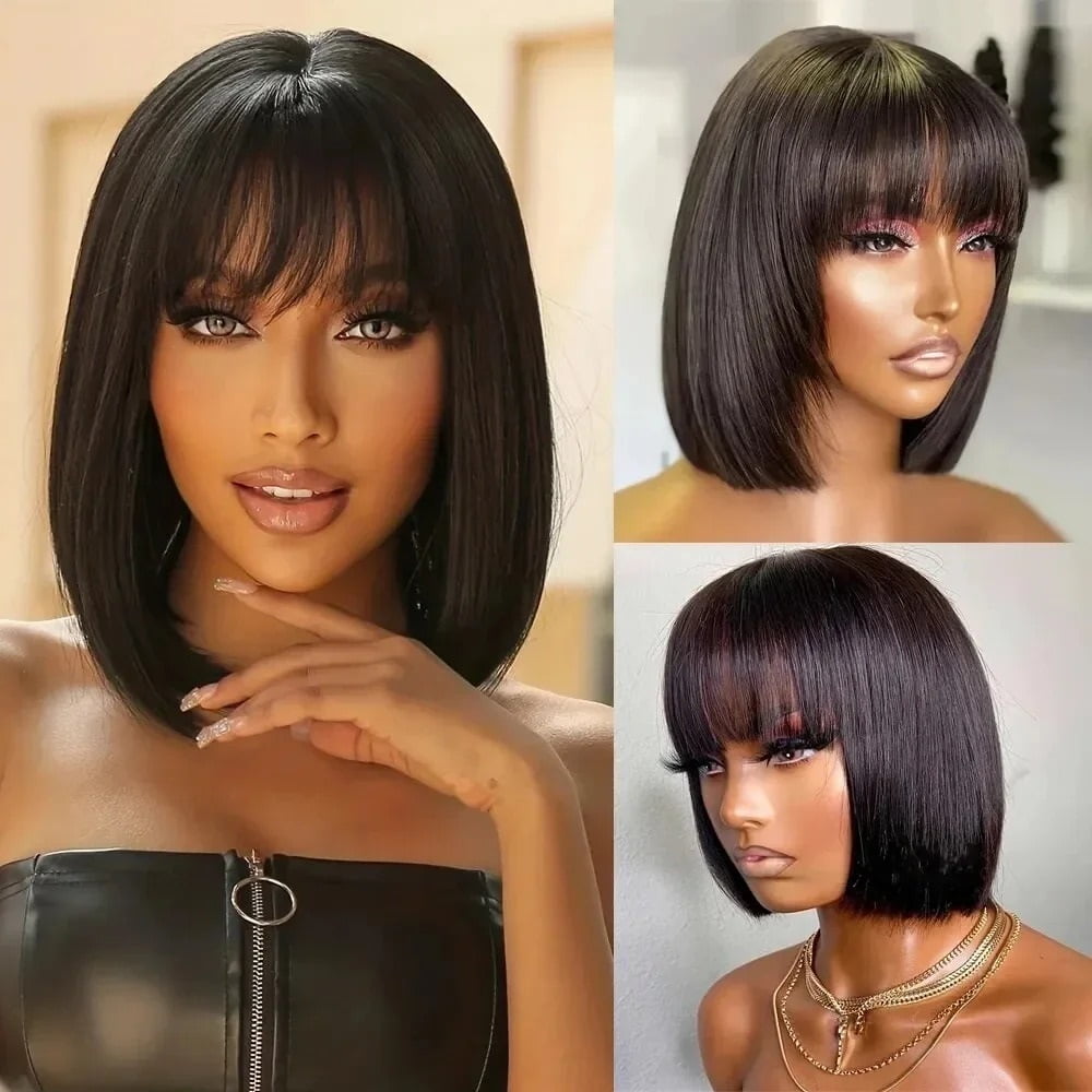 Straight Human Hair Wigs with Bang Full Machine Made Wig Non Lace Wig for Black Women