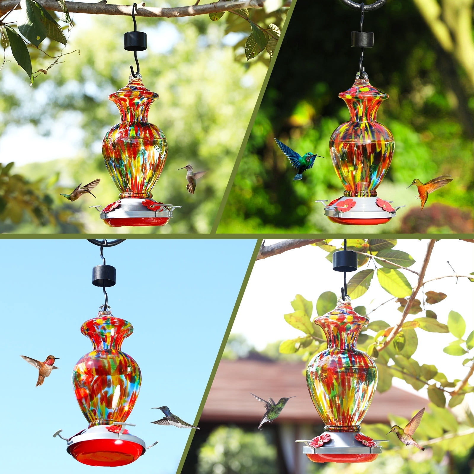 Birdkiss Hanging Hummingbird Feeders for Patio Decor, Hand Blown Glass Hummingbird Feeders with Leak Proof, Rustproof & Ant Moat, 20 fl. oz Capacity