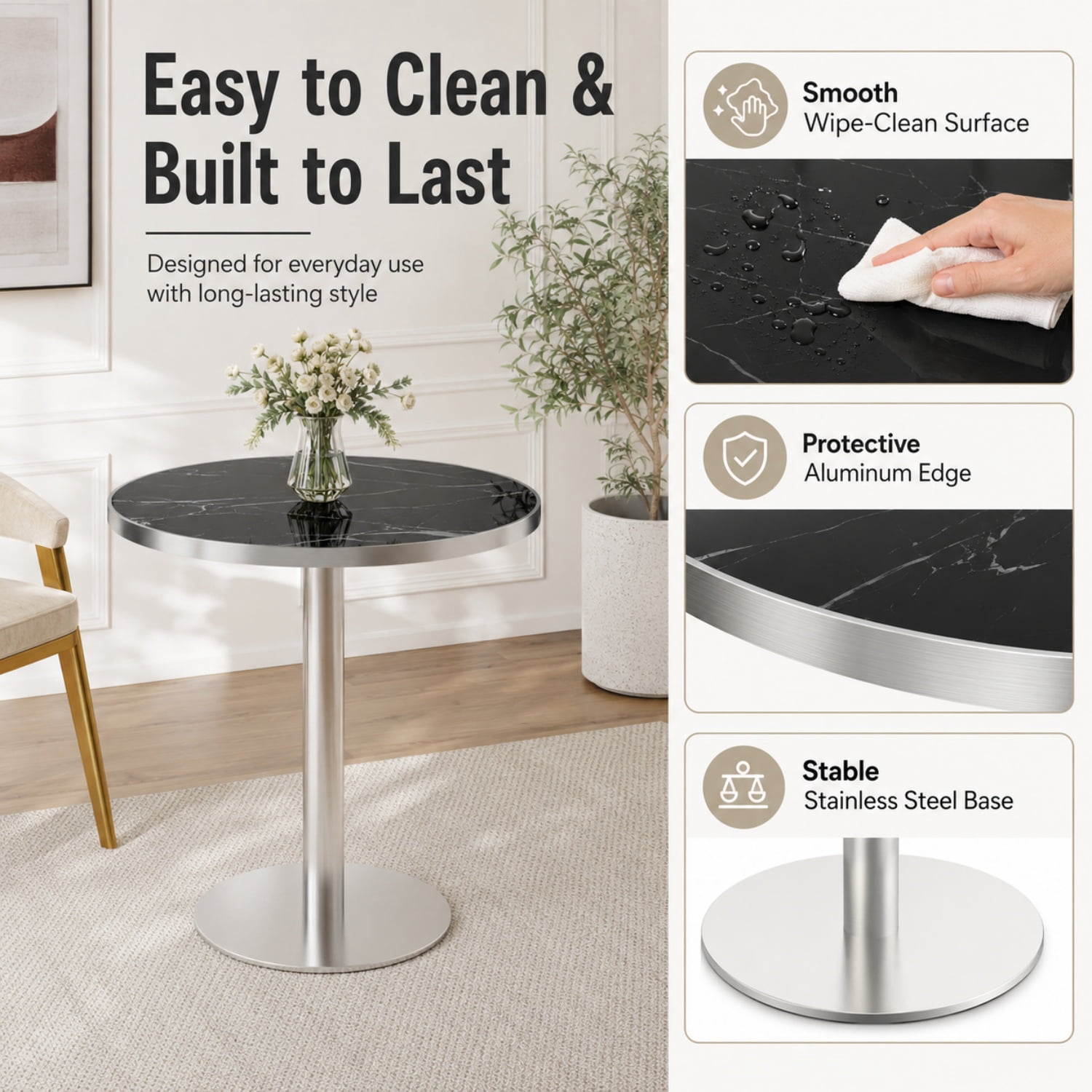 Miniyam 31.5 in. Round Tulip Dining Table for 2-4, Glossy Stone-Look Pedestal Table for Kitchen or Small Spaces, Black&Silver