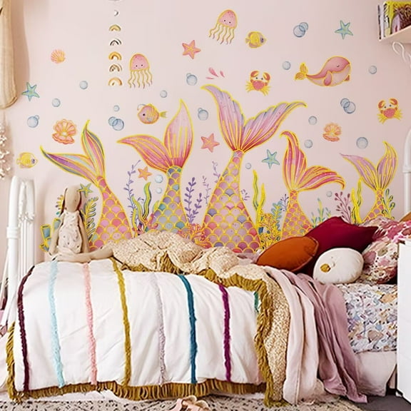 Ocean Animal stickers, golden fish tail stickers, mermaid stickers, fish tail wall stickers, DIY transparent stickers, bedroom, living room, TV wall, children's room stickers