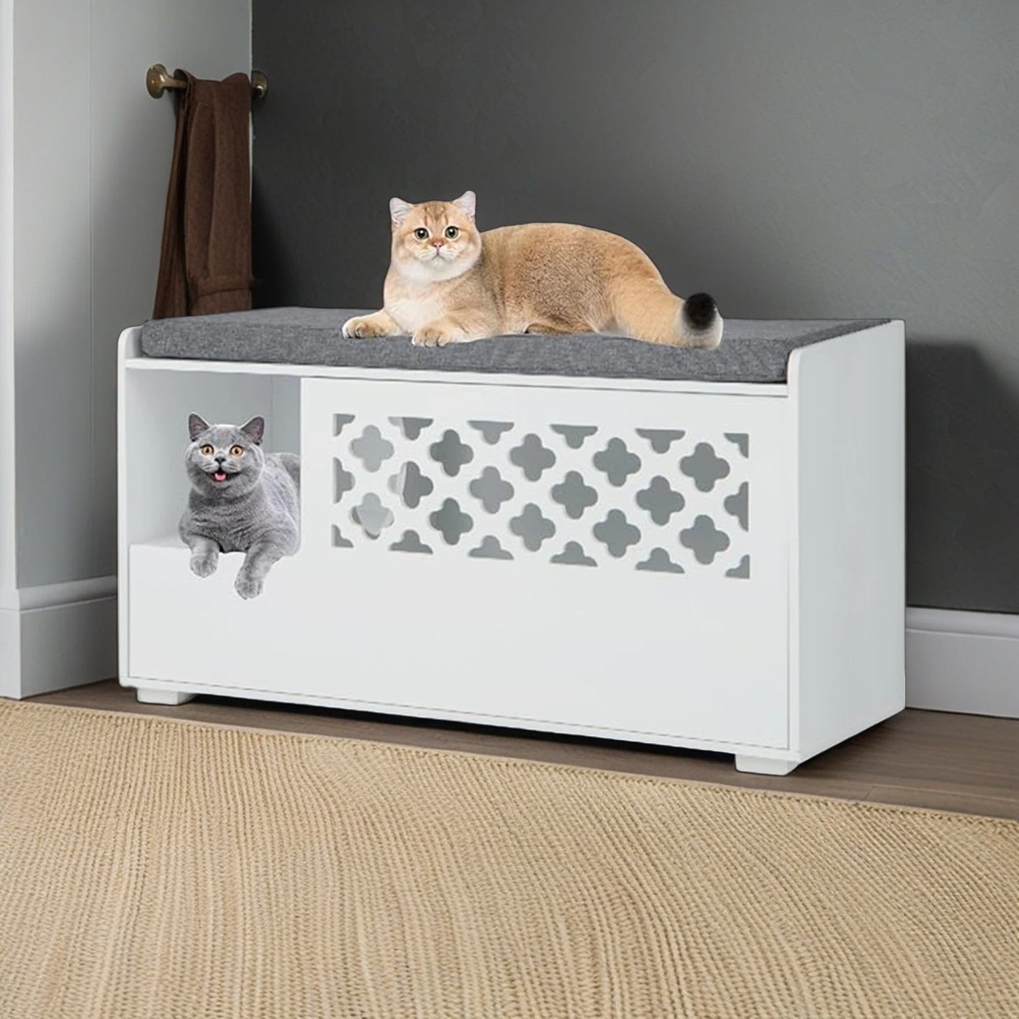 Kadyn 35" Cat Litter Box Enclosure Hidden, Wooden Cat Furniture Storage Bench Kitty Cat Washroom, Indoor Cat Box Cabinet Fit Most of Litter Box, White