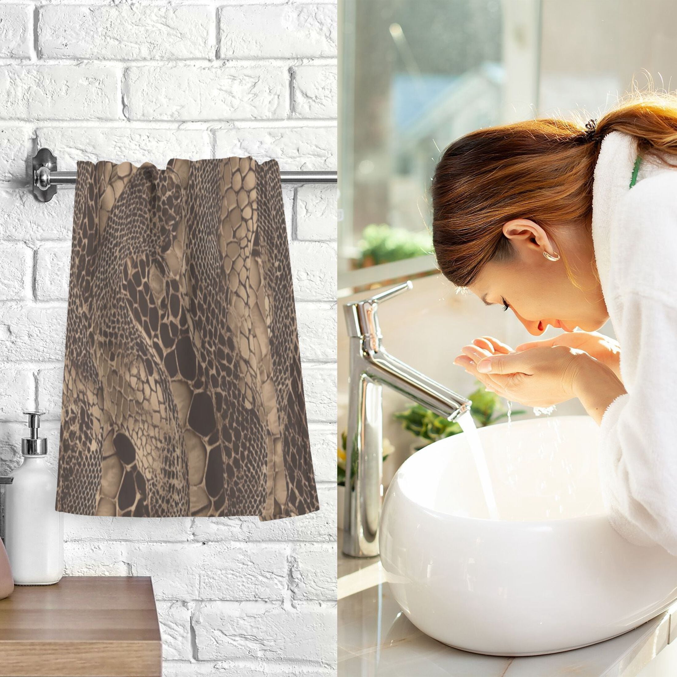 2 Pcs Absorbent Face Towel Bath Hand Towels Soft Breathable Cotton Towel Set for Bathroom Kitchen Hotel Spa Decor Brown Snakeskin