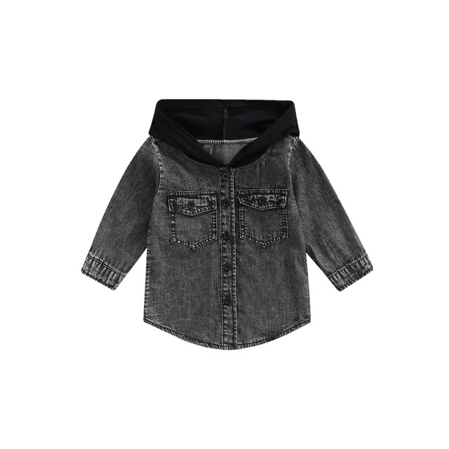 Fortune 1-5Y Boy Denim Coat Autumn Long Sleeve Single Breasted Patchwork Hooded Jacket