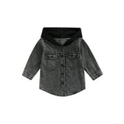 1-5T Kids Boys Girls Hooded Denim Jacket Button Down Patchwork Hooded Jacket Coat Outerwear