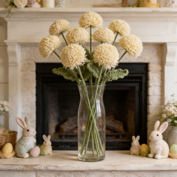Ramo de flores de hilo hecho a mano – Arreglo floral artificial de crisantemos con pompones tejidos para decoración del hogar, centro de mesa, regalo de primavera