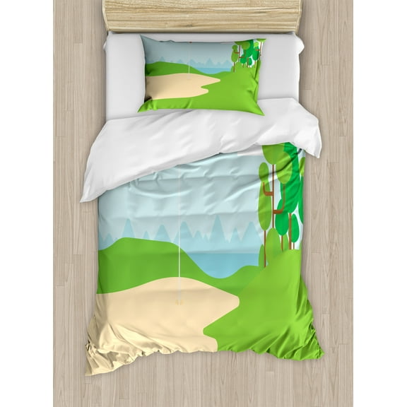 Golf Course Scene Duvet Cover Set, Theme of a Hobby Sports Field and Flag with Forest Graphic, Decorative 2 Piece Bedding Set with 1 Pillow Shams, Twin Size, Lime Green Pale Blue, by Ambesonne
