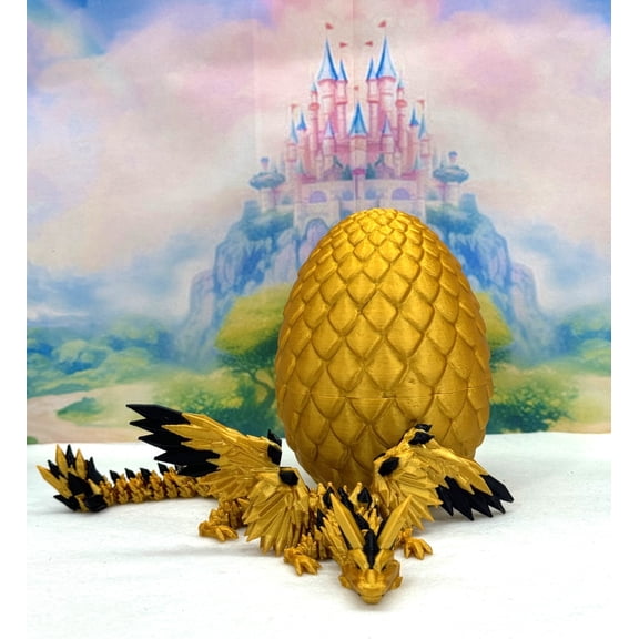 Articulated Dragon Toy Crystal Winged 3D Printed Gold Plastic PLA Fidget ADHD with Egg Fidget Stess Relief Toy