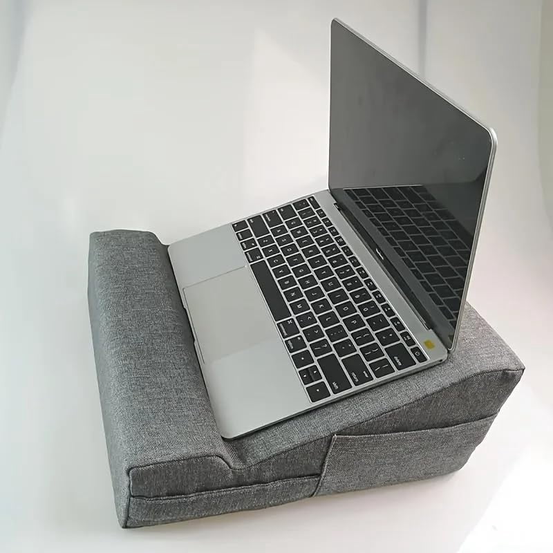 Ergonomic Laptop Lap Desk with Pillow & Storage Pocket - Grey Fabric Wedge Cushion for Notebook, Tablet, Bed, Couch (12.6 x 12.6 x 5.5 Inch), Portable Laptop Stand with Airflow