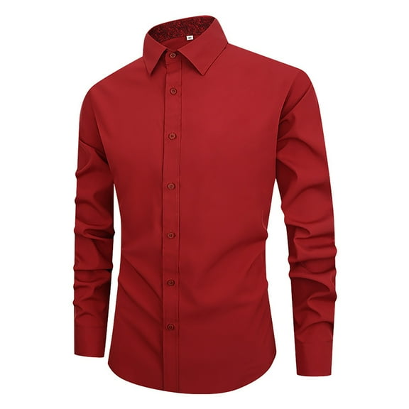 NOLDARES Long Sleeve Dress Shirts for Men - Regular-Fit Slim Fit Free Casual Button-Up Shirt with Pockets(Red,S)