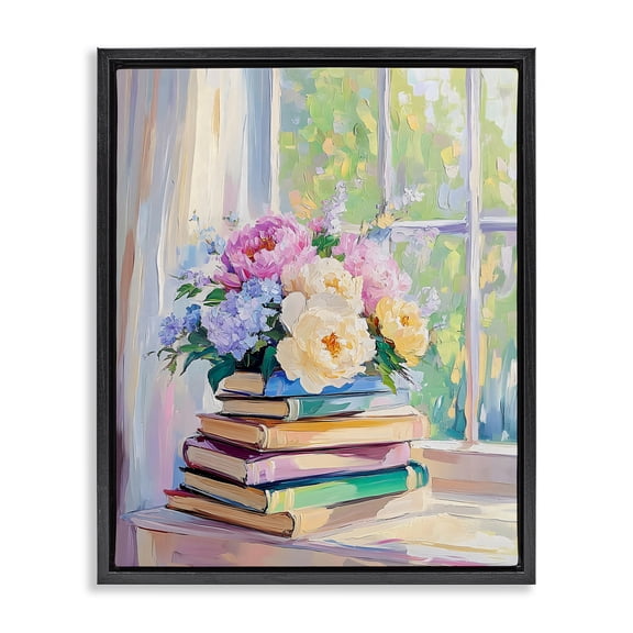Stupell Industries Pastel Floral Book Stack Black Framed Floater Canvas Wall Art, design by Arlington Prints, 21 x 17