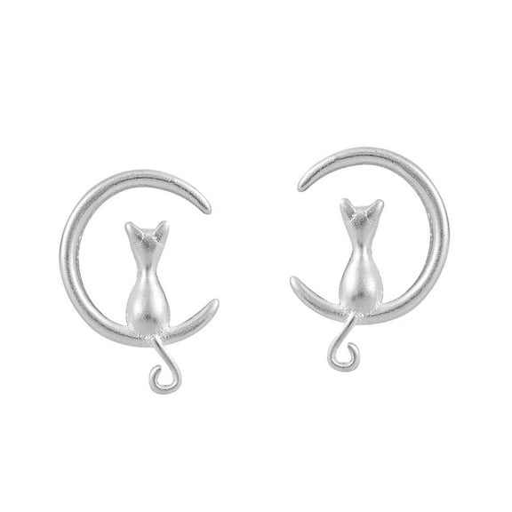 Cute Kitty Cat Sitting on the Moon Sterling Silver Earrings | Sterling Silver Stud Earring for women | Kitty Cat Stud Earrings | Stud Earrings