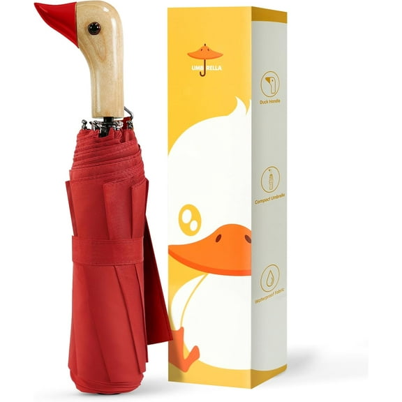 Compact Small Umbrellas for Rain&Sun, Cute Design Duck Head Umbrella for Girls Gifts, 8 Ribs Folding Umbrella with Wooden Handle